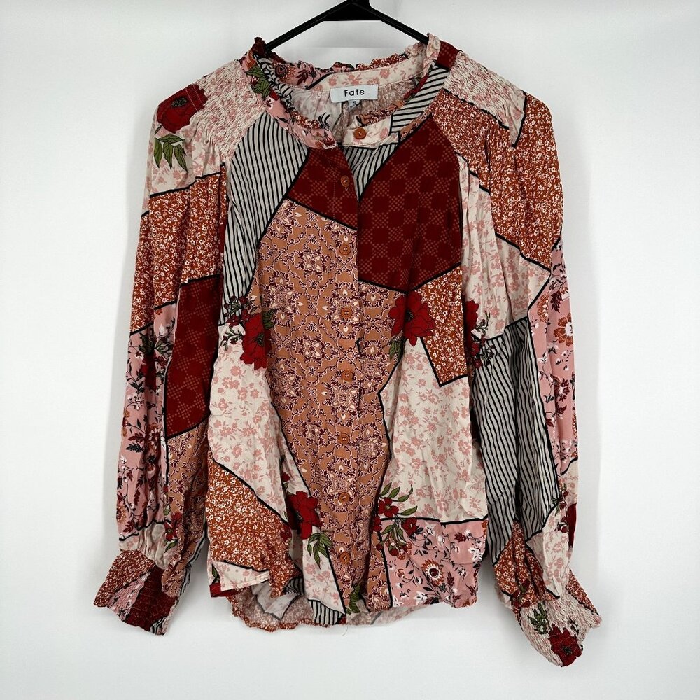 Fate Long Sleeve Patchwork Blouse‎ Size small